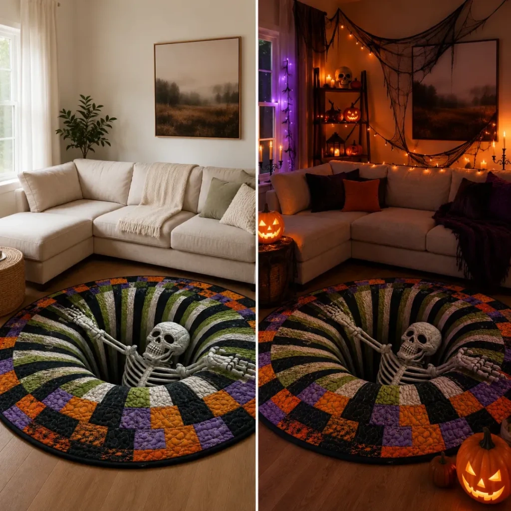 3D Skeleton Vortex Quilted Round Halloween Rug
