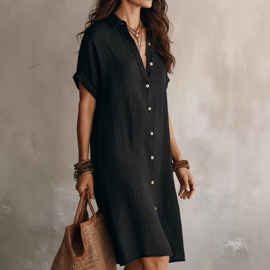 Women's Short Sleeve Buttoned Midi Shirt Dress.