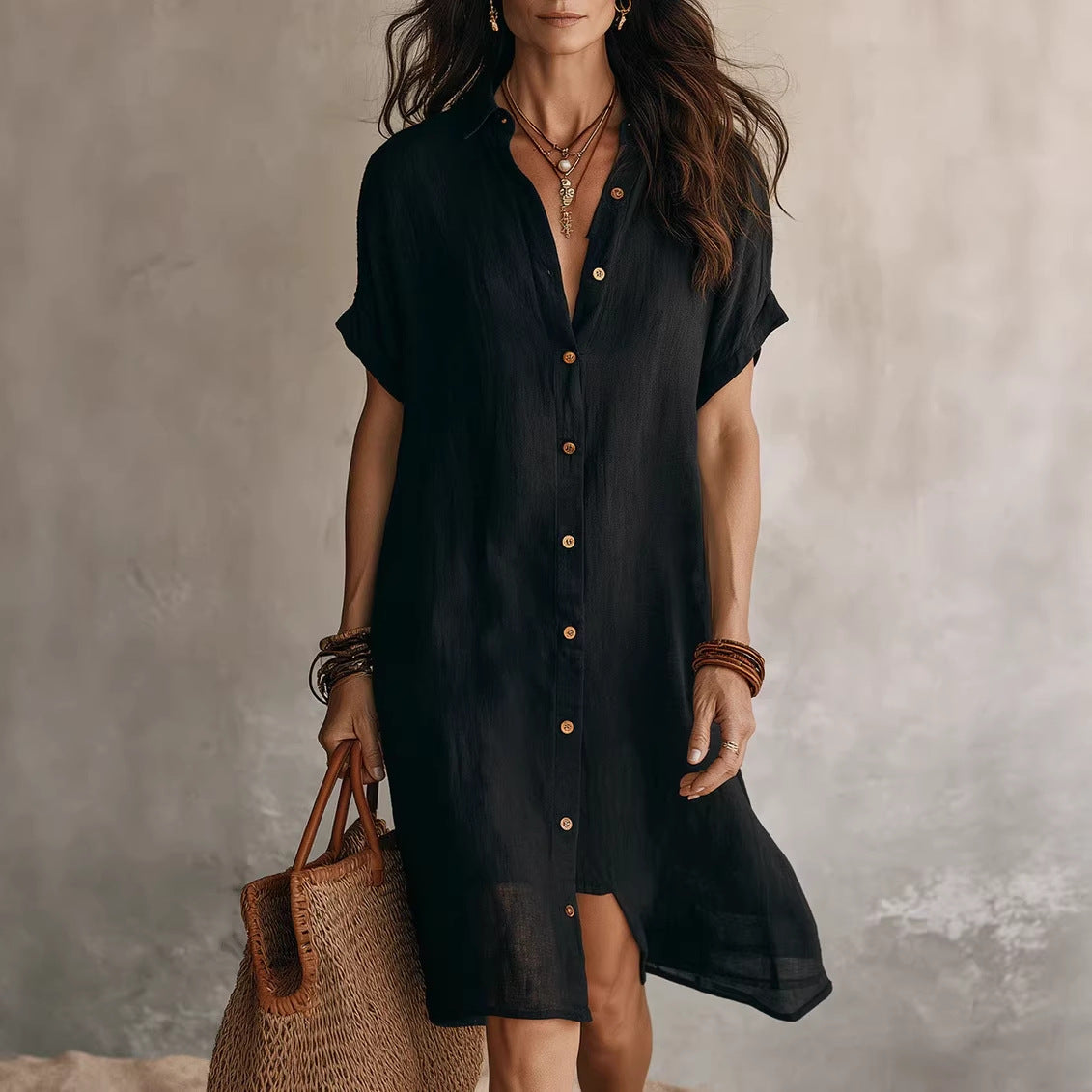 Women's Short Sleeve Buttoned Midi Shirt Dress.