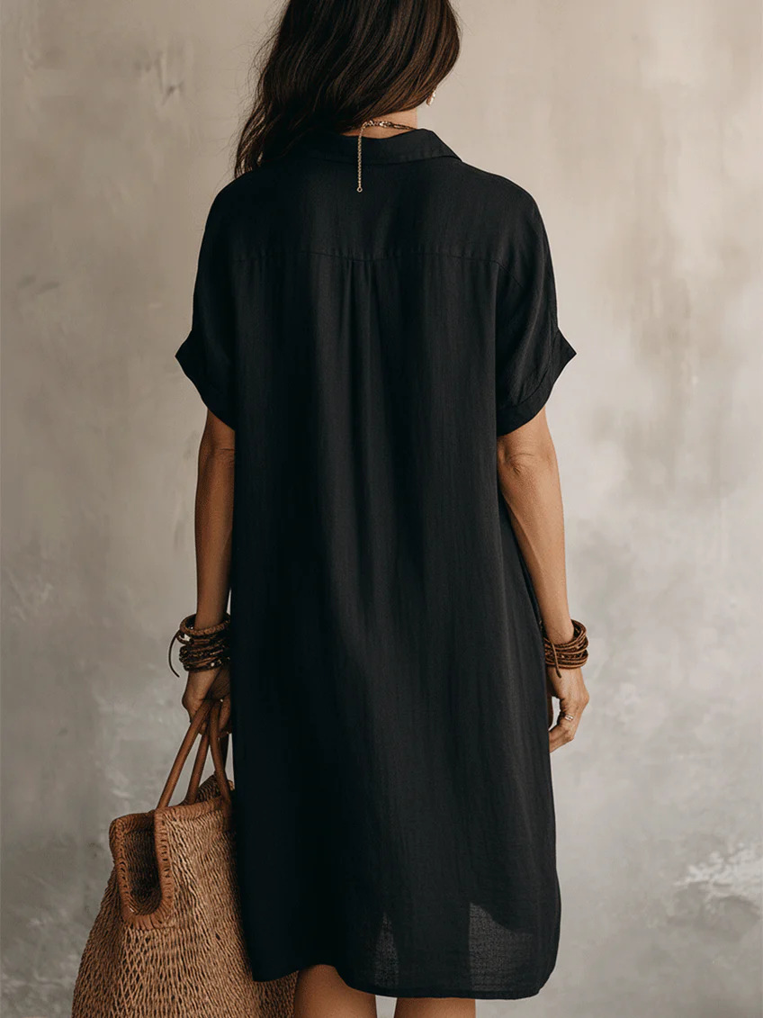 Women's Short Sleeve Buttoned Midi Shirt Dress – Casual Polyester Fashion Dress