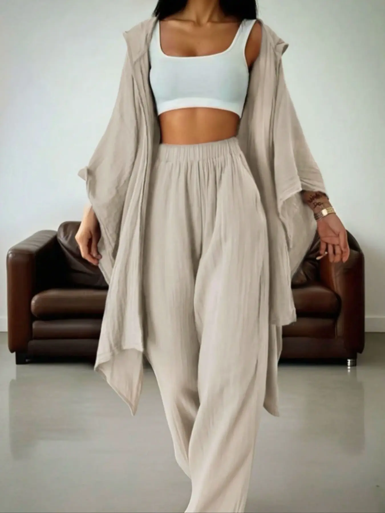 Women's Two-Piece Casual Set, Wide-Leg Pants & Loose-Fit Cardigan, Comfortable Stylish Women's Clothing for Daily Wear, Womenswear-XC