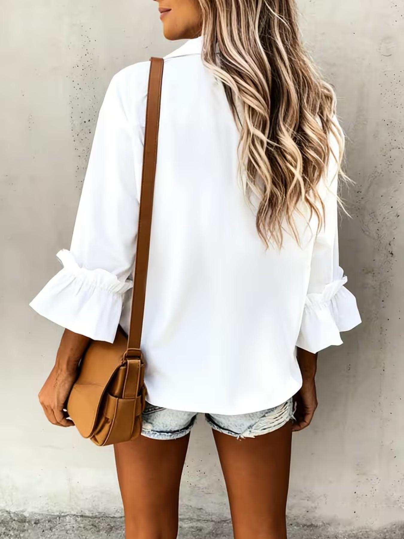 Women's Fashion Casual Three-Quarter Sleeve Fitted Blouse Shirts Top with Ruffle Cuffs, Stylish and Simple Design, Perfect for Daily Wear