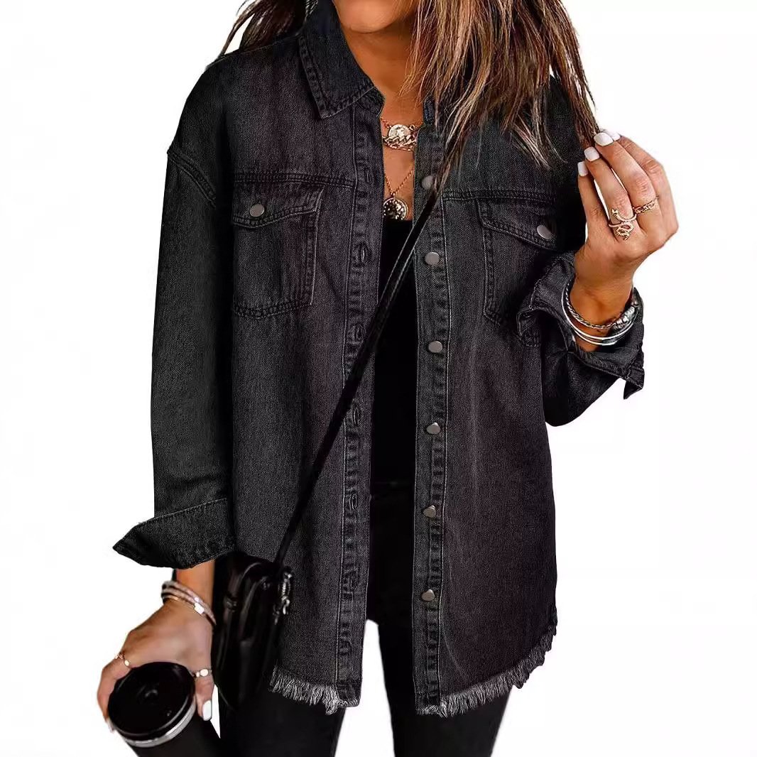 Women's Casual Denim Button Down Distressed Jacket-XC