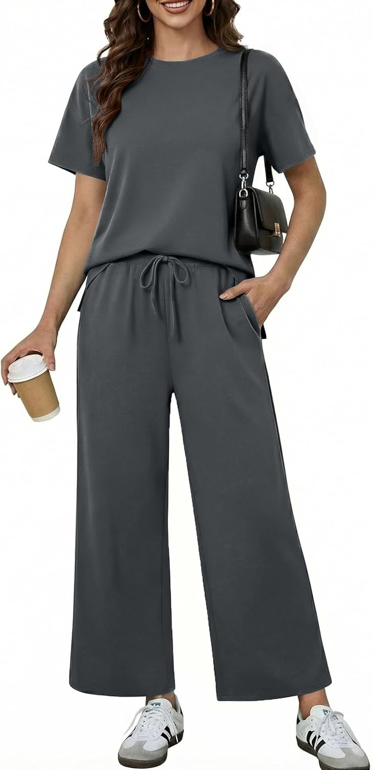 PINSPARK 2 Piece Sets for Women Soft Short Sleeve Tracksuit Wide Leg Pants Lounge Matching Set Travel Summer Outfits 2025