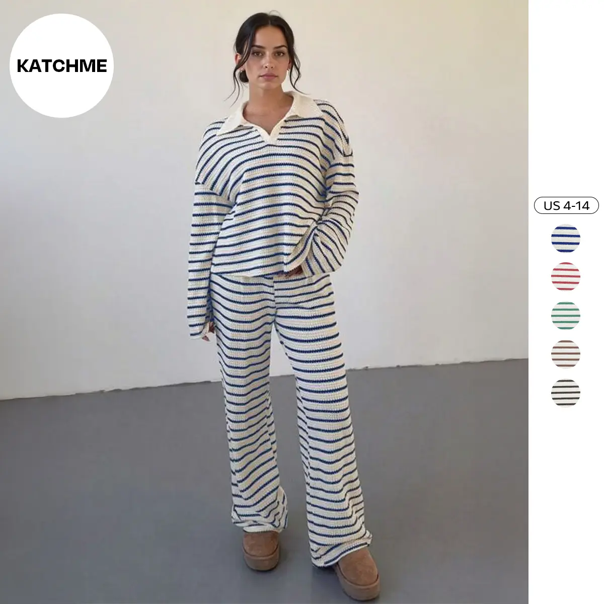 KatchMe Women's Casual Color Matching Stripe Long Sleeve Top & Wide Leg Trousers Co-ord, Soft V-Neck Loose Two Piece Outfits, Comfortable Womenswear（CN）