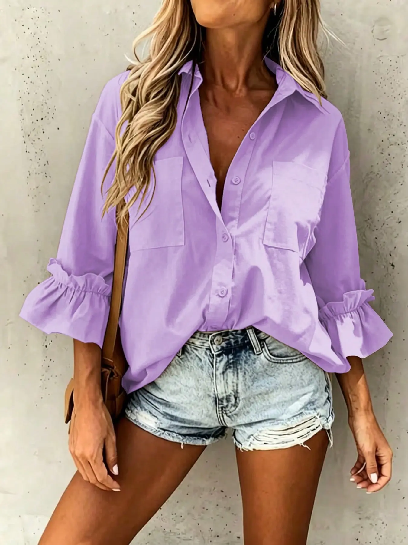 Women's Fashion Casual Three-Quarter Sleeve Fitted Blouse Shirts Top with Ruffle Cuffs, Stylish and Simple Design, Perfect for Daily Wear
