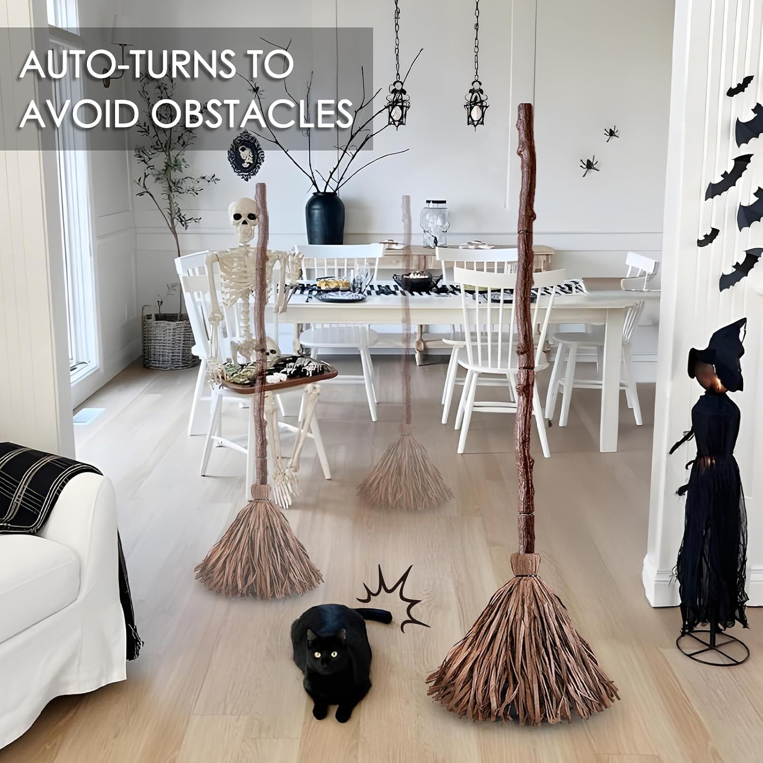47" Animated Halloween Floating Broom with Remote Control & Sound Activation – Witch Broom Decoration for Indoor Home & Halloween Parties