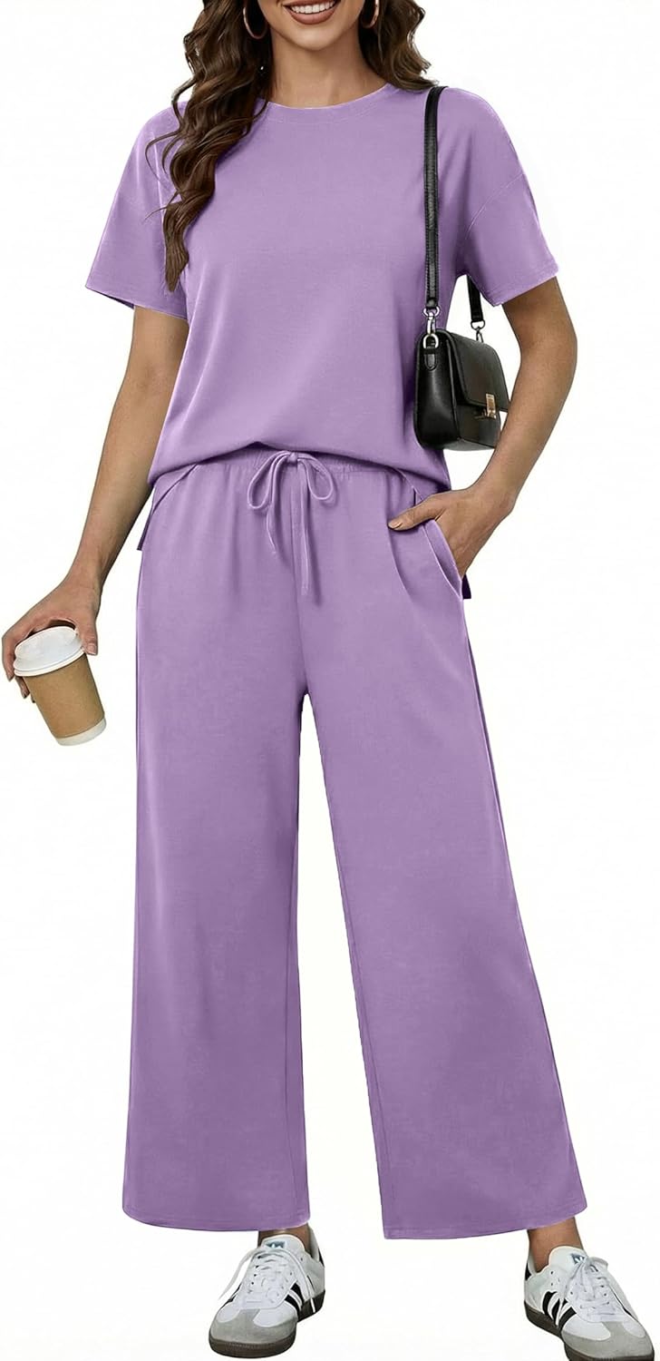 PINSPARK 2 Piece Sets for Women Soft Short Sleeve Tracksuit Wide Leg Pants Lounge Matching Set Travel Summer Outfits 2025