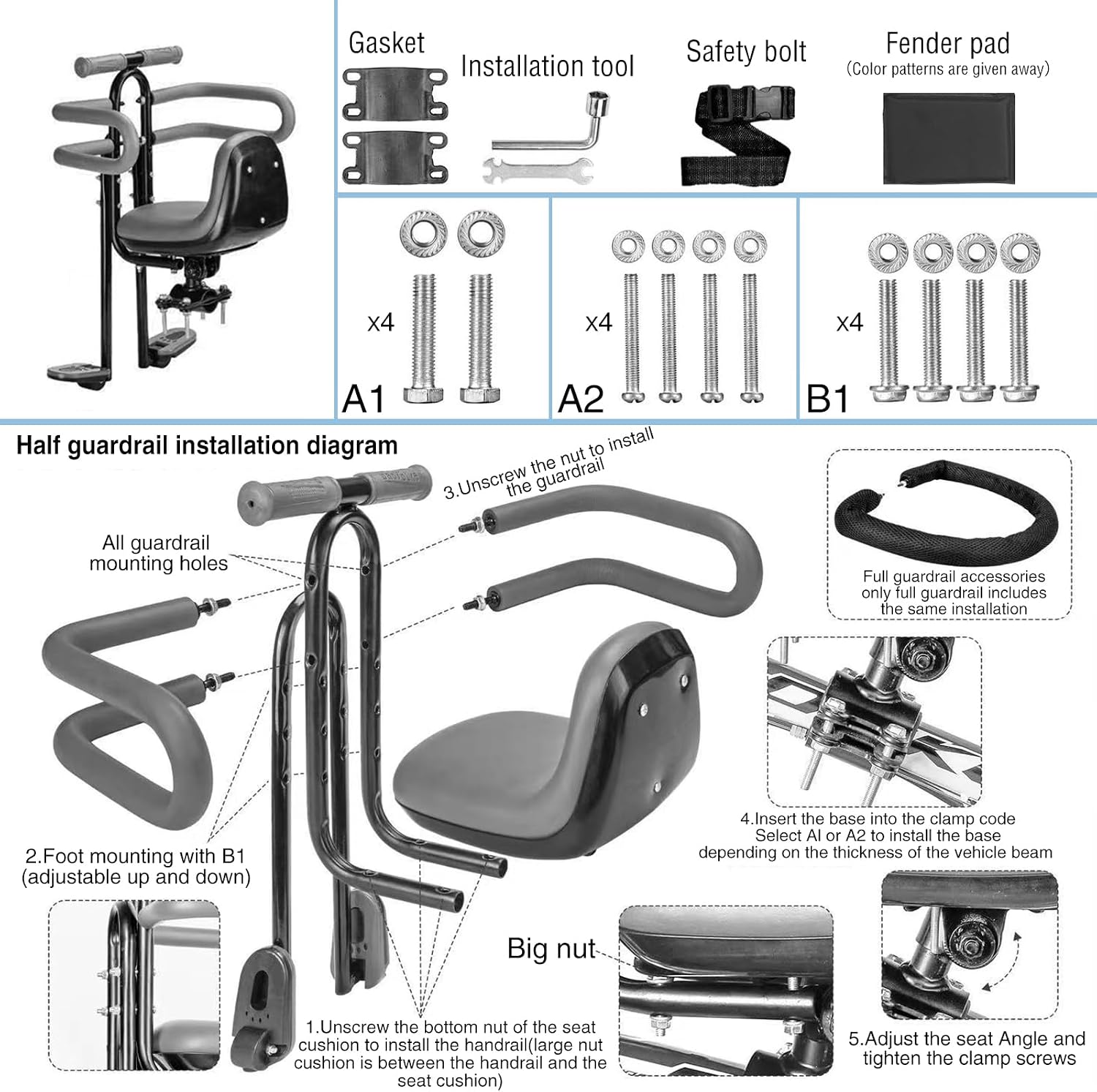 Kids Front Bike Seat – Front-Mount Bicycle Seat with Ramp Handle, Comfortable Child Bike Seat for Adult Bicycles  
