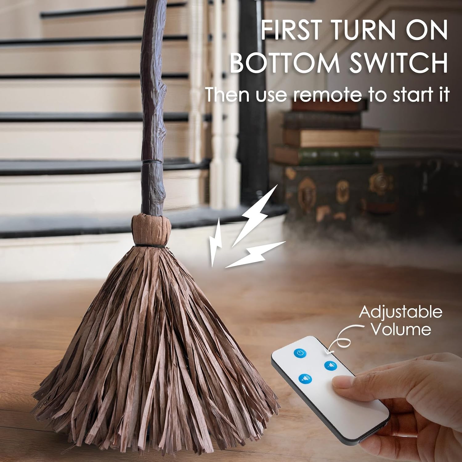 47" Animated Halloween Floating Broom with Remote Control & Sound Activation – Witch Broom Decoration for Indoor Home & Halloween Parties