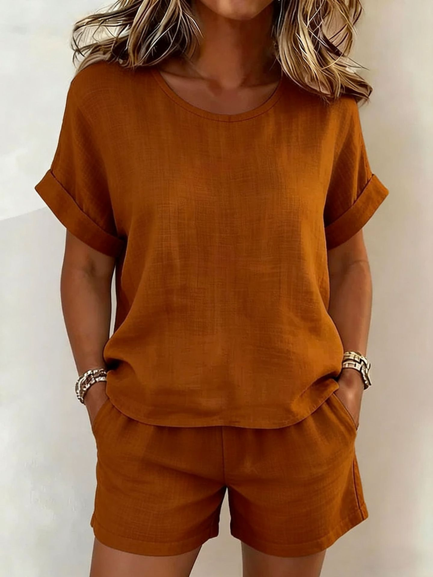 New Summer Arrival: Women's Solid-Color Casual Two-Piece Set — Crew Neck Short-Sleeve Top & Shorts