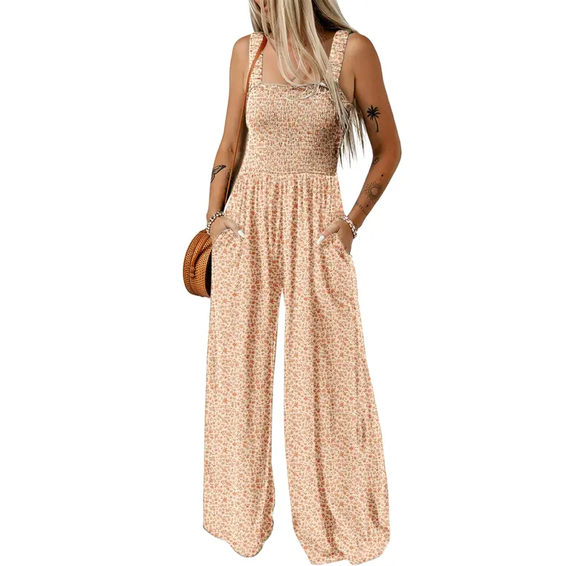 Dokotoo Women's Casual Loose Overalls Jumpsuits One Piece Sleeveless Printed Wide Leg Long Pant Rompers With Pockets Bohemian Womenswear