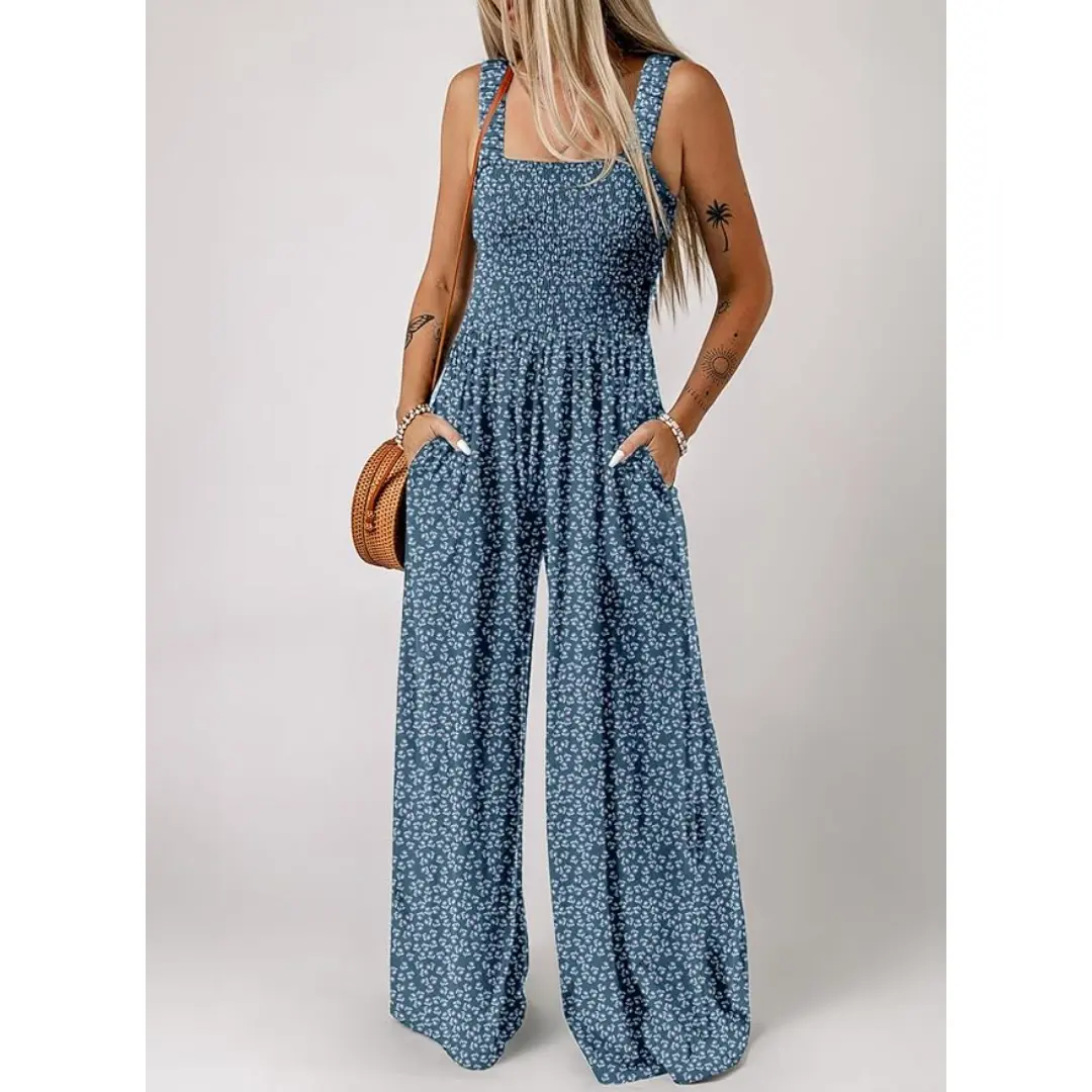Dokotoo Women's Casual Loose Overalls Jumpsuits One Piece Sleeveless Printed Wide Leg Long Pant Rompers With Pockets Bohemian Womenswear