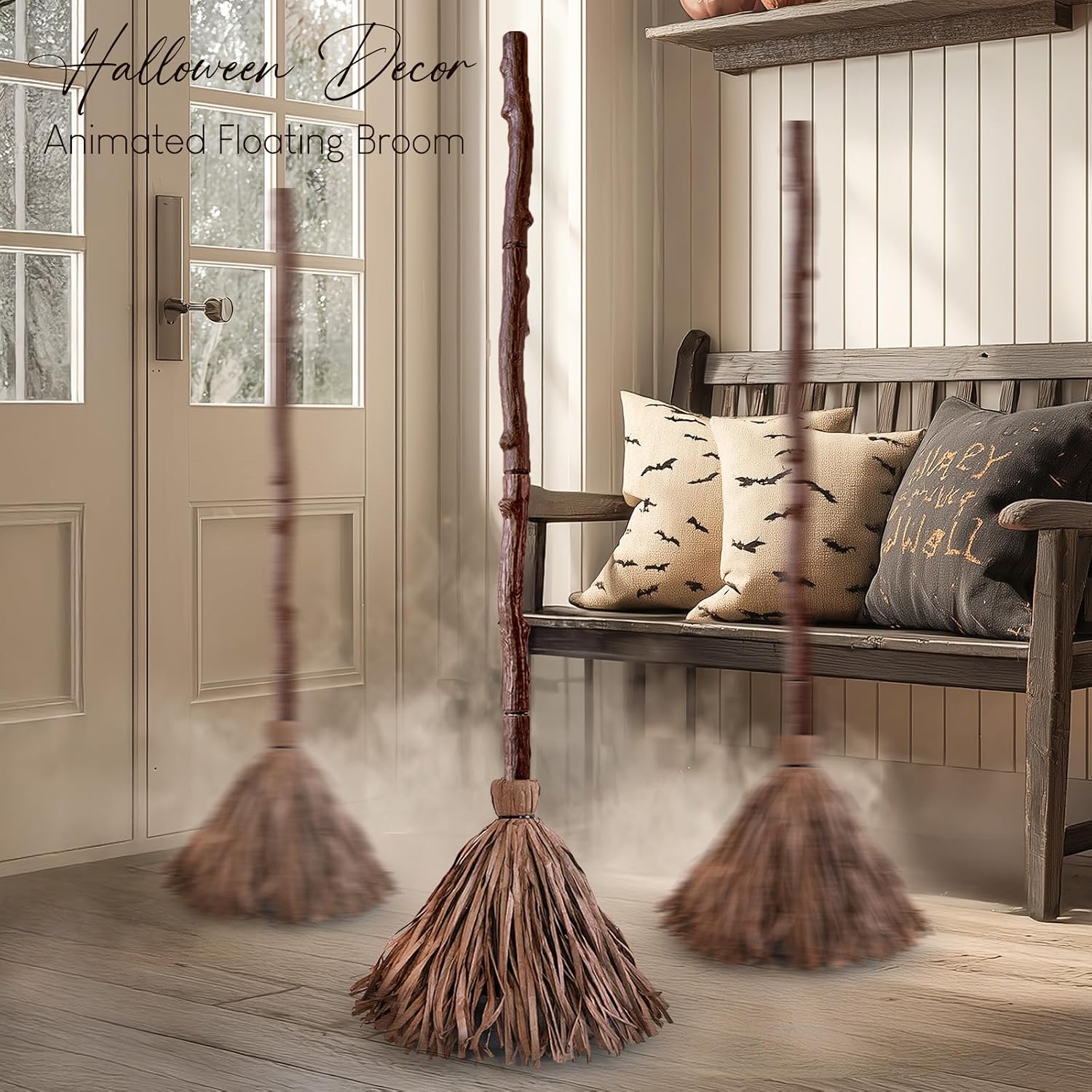 47" Animated Halloween Floating Broom with Remote Control & Sound Activation – Witch Broom Decoration for Indoor Home & Halloween Parties