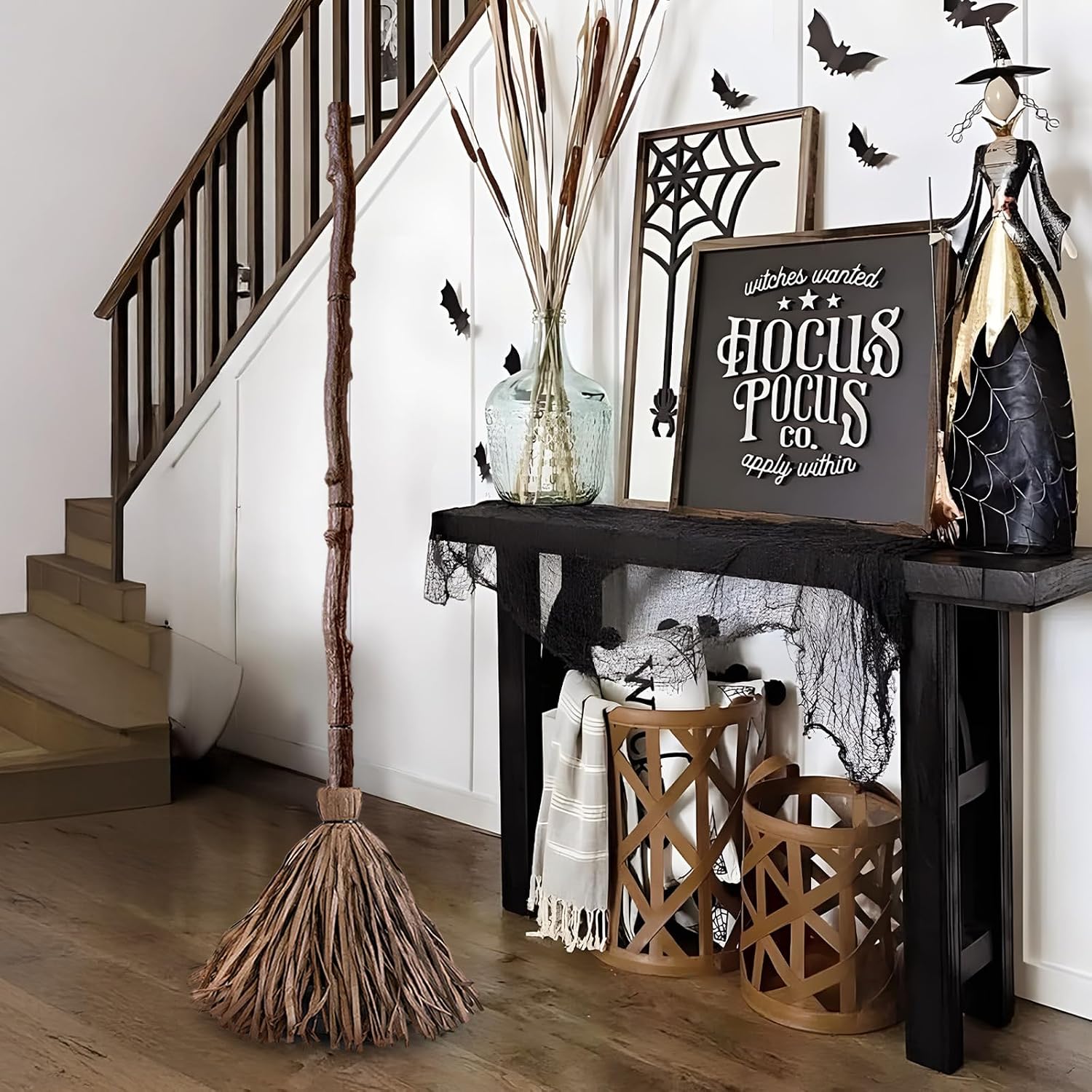 47" Animated Halloween Floating Broom with Remote Control & Sound Activation – Witch Broom Decoration for Indoor Home & Halloween Parties