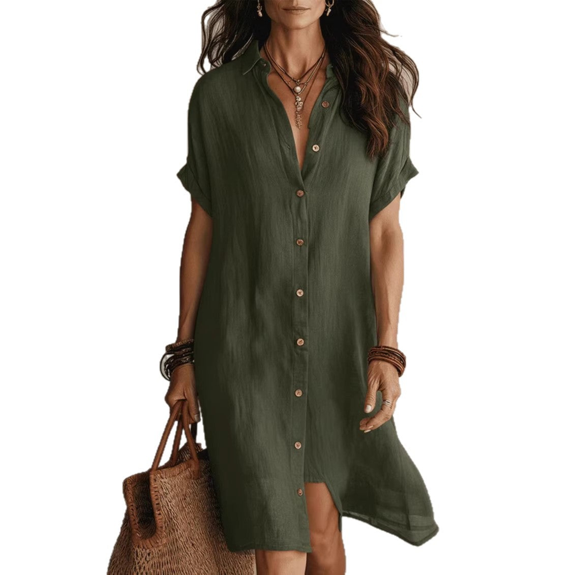 Women's Short Sleeve Buttoned Midi Shirt Dress.