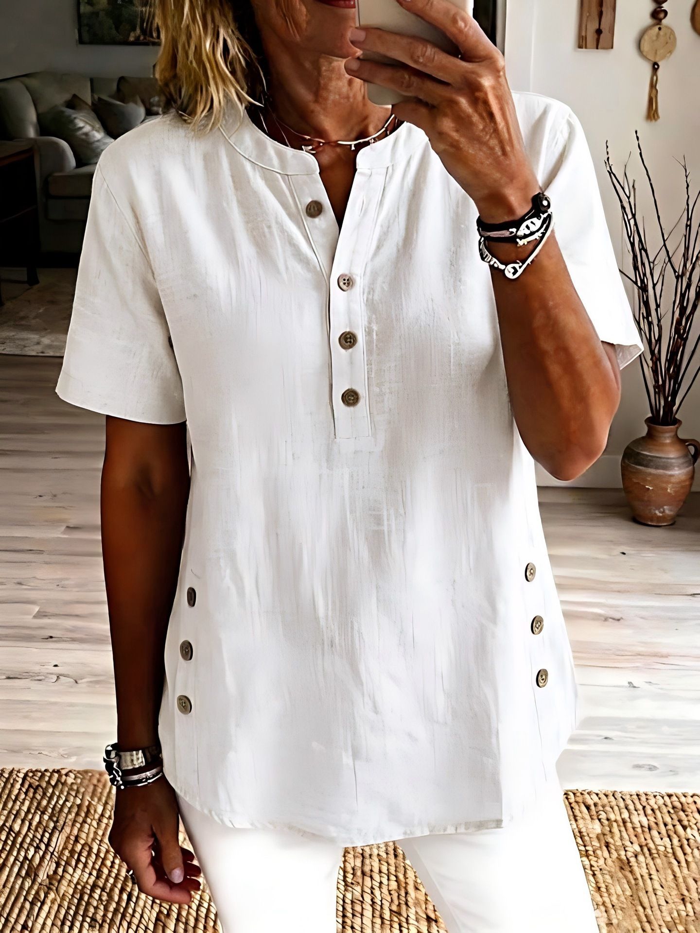 Station Cotton And Linen Casual Button Short-Sleeved T-Shirt Tops For Women