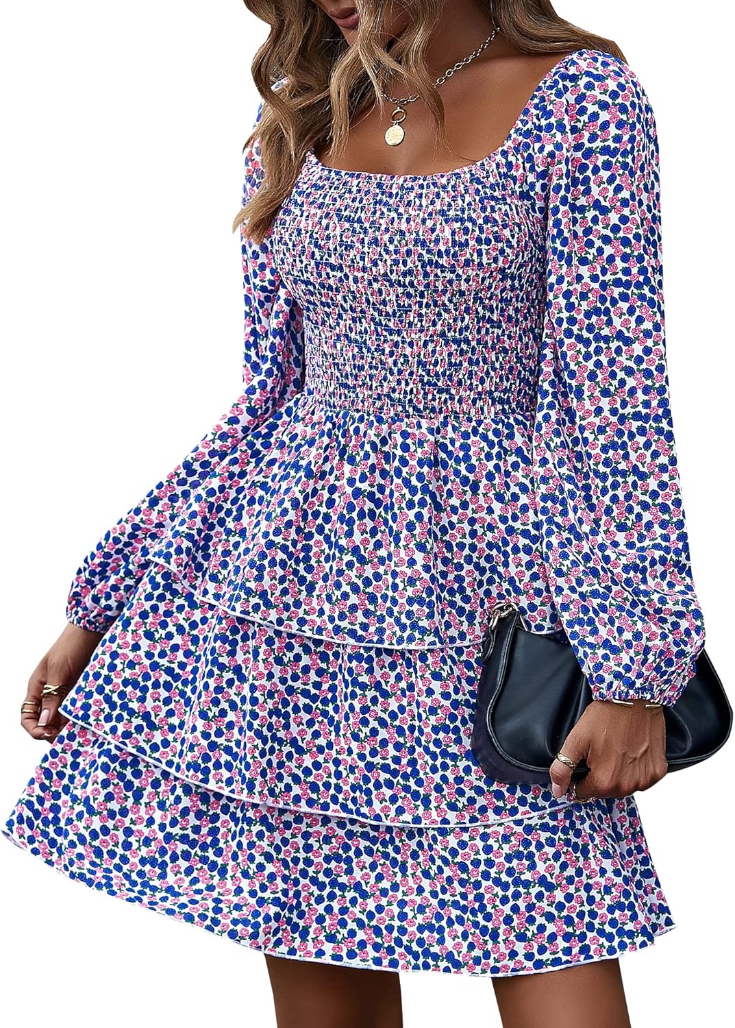 BTFBM Women Square Neck Smocked Summer Fall Dresses 2023 Long Sleeve Floral Swiss Dot Ruffle Party Mini Babydoll Dress
