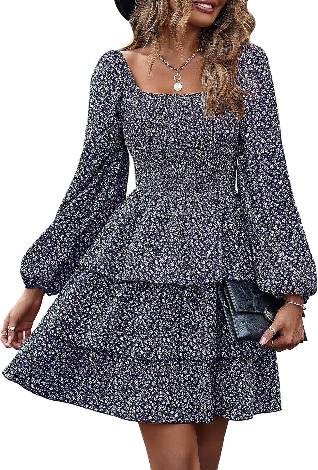 BTFBM Women Square Neck Smocked Summer Fall Dresses 2023 Long Sleeve Floral Swiss Dot Ruffle Party Mini Babydoll Dress
