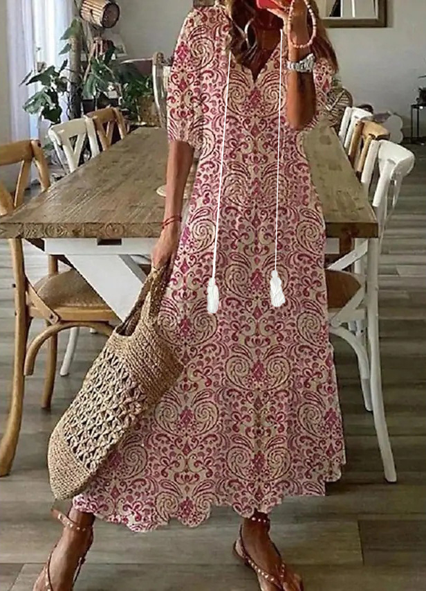 Sweet and loose V-neck printed mid-sleeve long dress