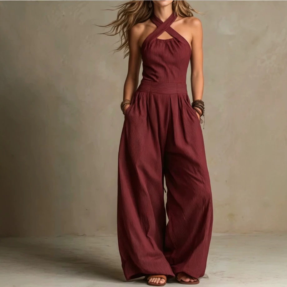 2026 European And American Cross-Border Independent Station Amazon New Product Sleeveless Lazy Style Draped Halterneck Women'S Wide-Leg Jumpsuit
