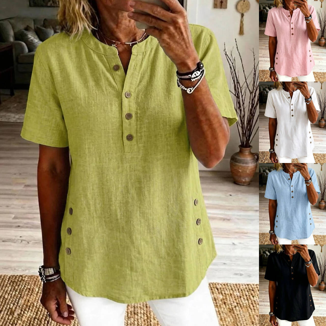 Station Cotton And Linen Casual Button Short-Sleeved T-Shirt Tops For Women