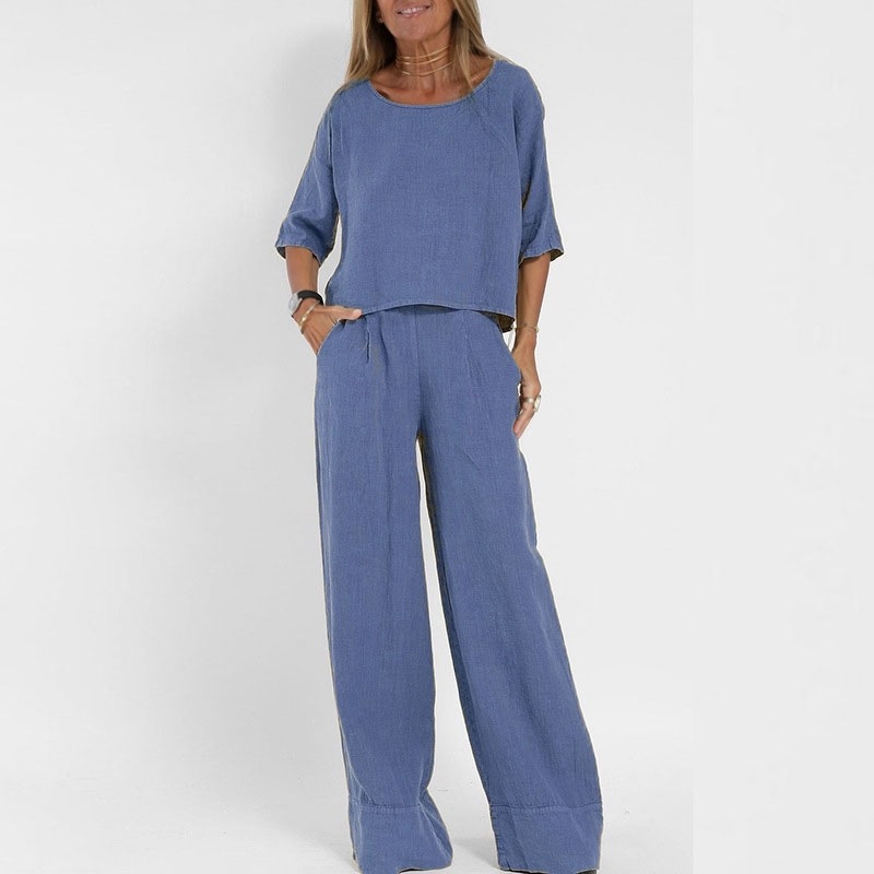 Cross-Border Amazon Aliexpress European And American Summer New Women'S Casual Loose Solid Color Short-Sleeved Cotton And Linen Pants Suit