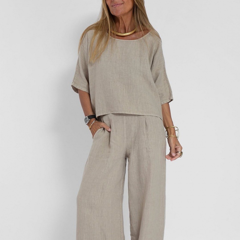 Cross-Border Amazon Aliexpress European And American Summer New Women'S Casual Loose Solid Color Short-Sleeved Cotton And Linen Pants Suit