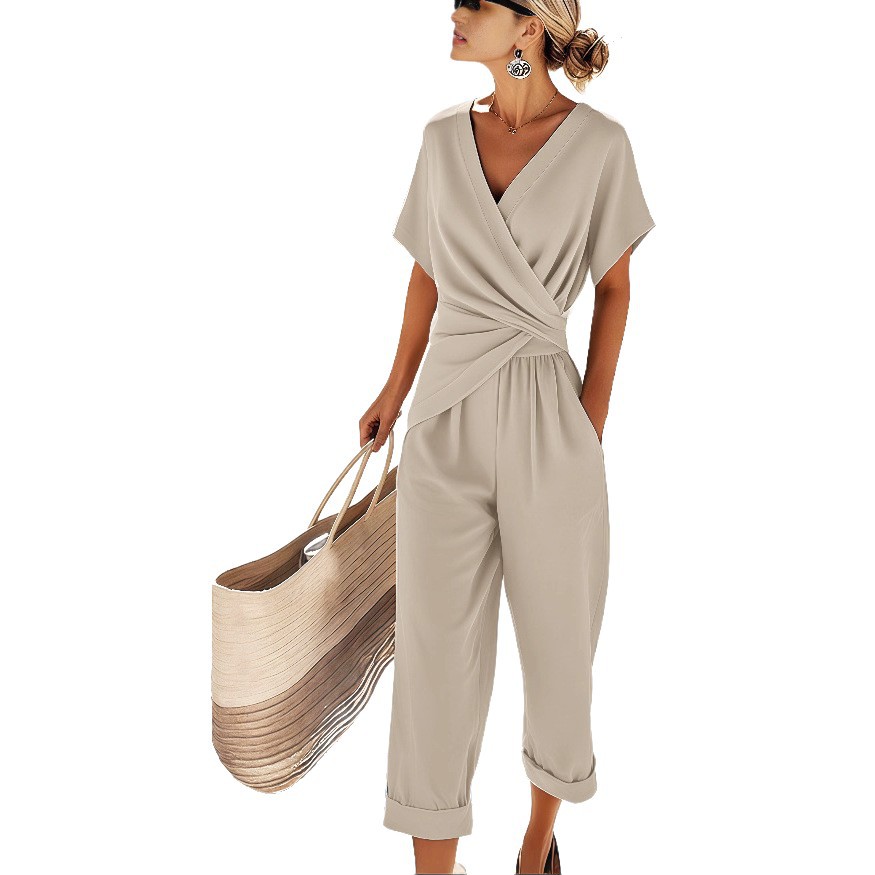 Women's Summer Fashion Solid Color Irregular Short-Sleeve Set