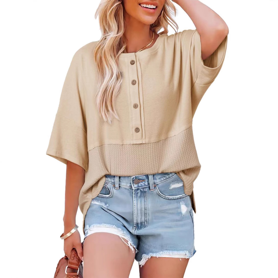 Womens Waffle Knit Tops 2026 Fashion 3/4 Sleeve Casual Button Down Shirts Crew Neck Oversized Patchwork Blouses