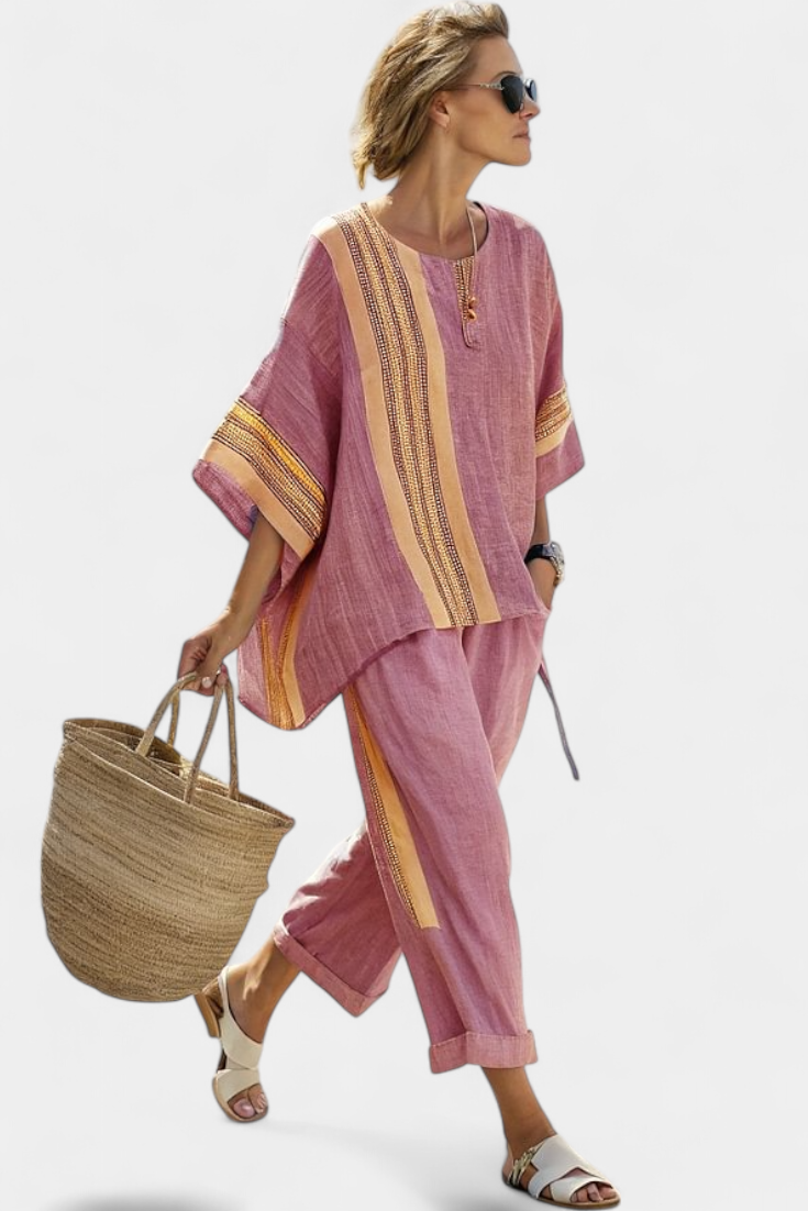 Elowric | Elegant Lavender Top & Mustard Striped Pants