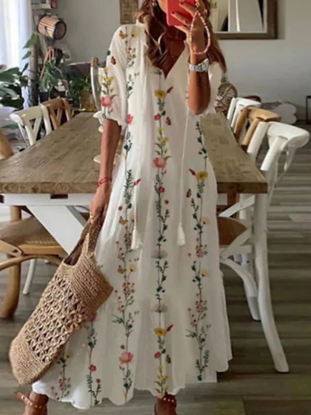 Sweet and loose V-neck printed mid-sleeve long dress