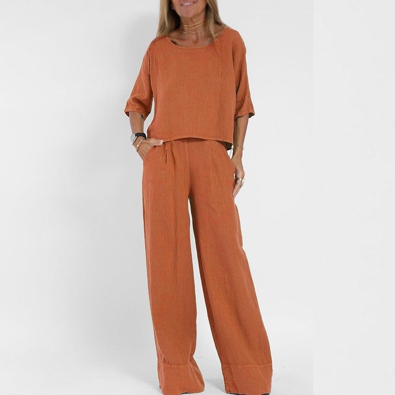 Cross-Border Amazon Aliexpress European And American Summer New Women'S Casual Loose Solid Color Short-Sleeved Cotton And Linen Pants Suit