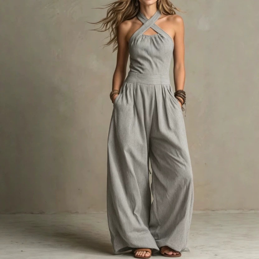 2026 European And American Cross-Border Independent Station Amazon New Product Sleeveless Lazy Style Draped Halterneck Women'S Wide-Leg Jumpsuit