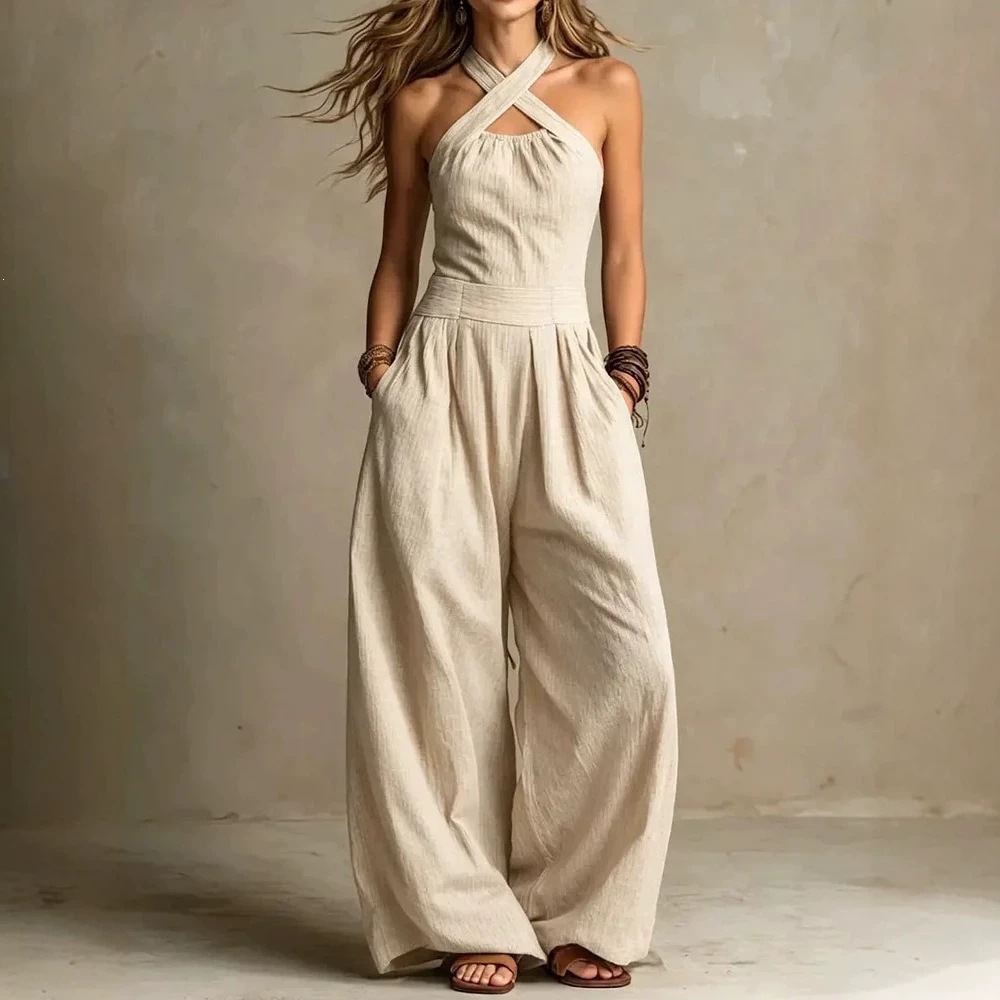2026 European And American Cross-Border Independent Station Amazon New Product Sleeveless Lazy Style Draped Halterneck Women'S Wide-Leg Jumpsuit