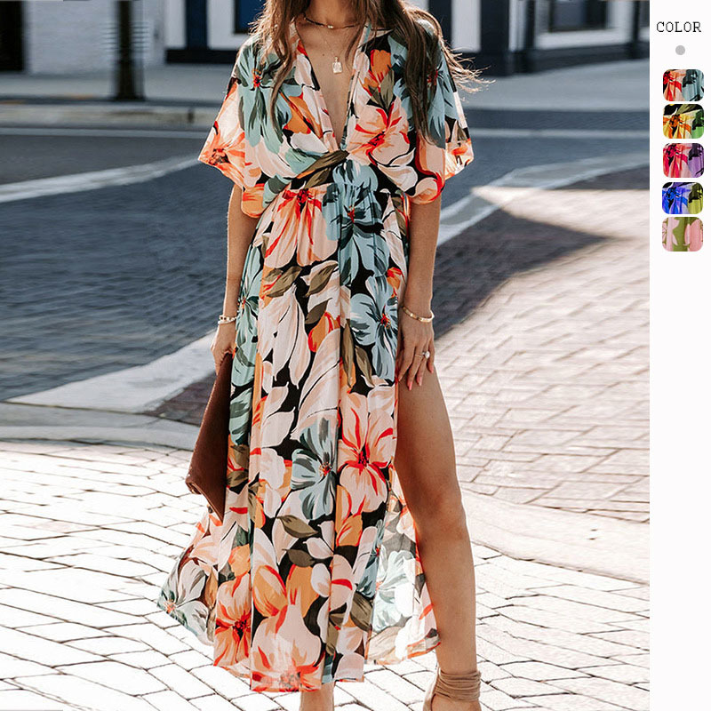 New summer sexy high-waisted printed slit dress