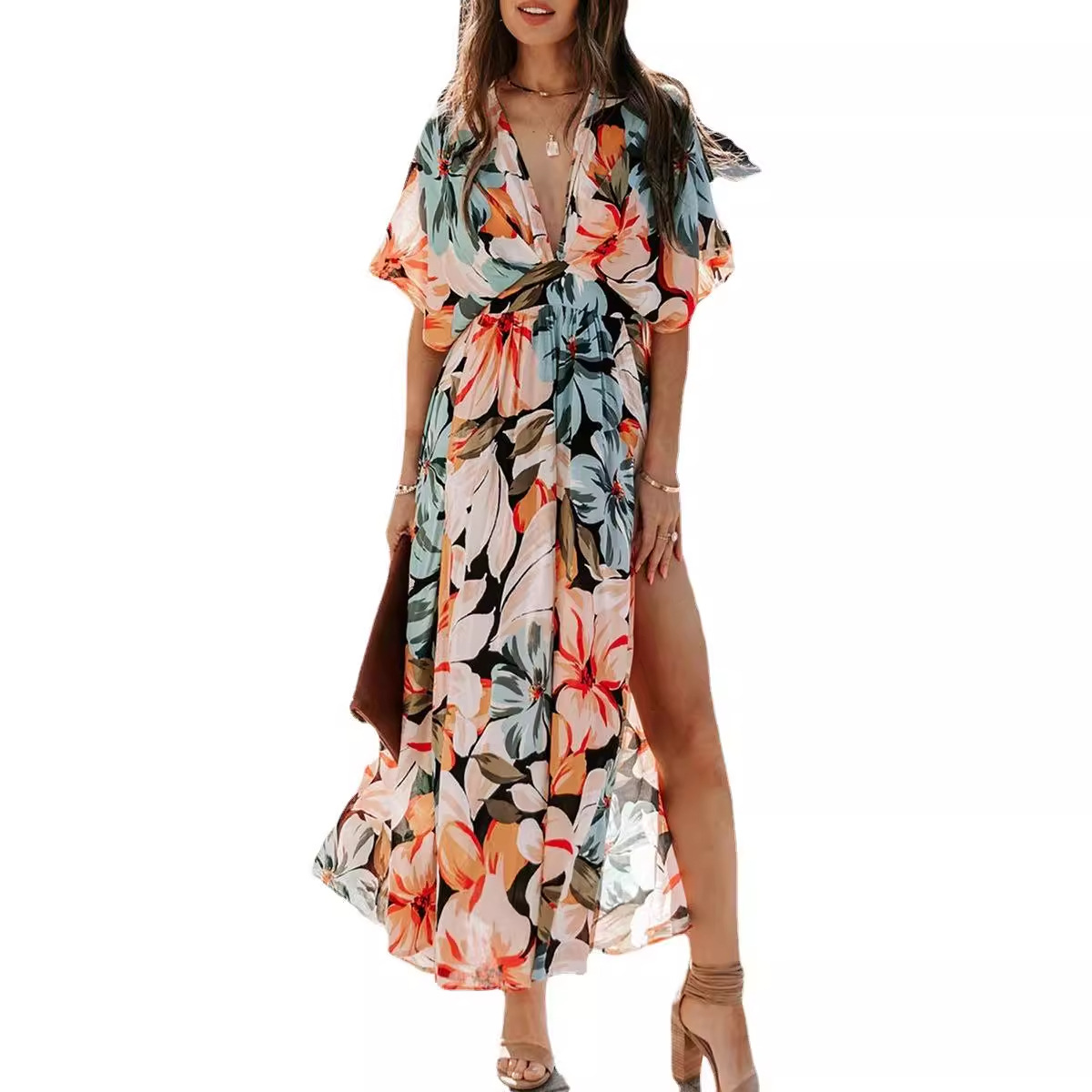 New summer sexy high-waisted printed slit dress
