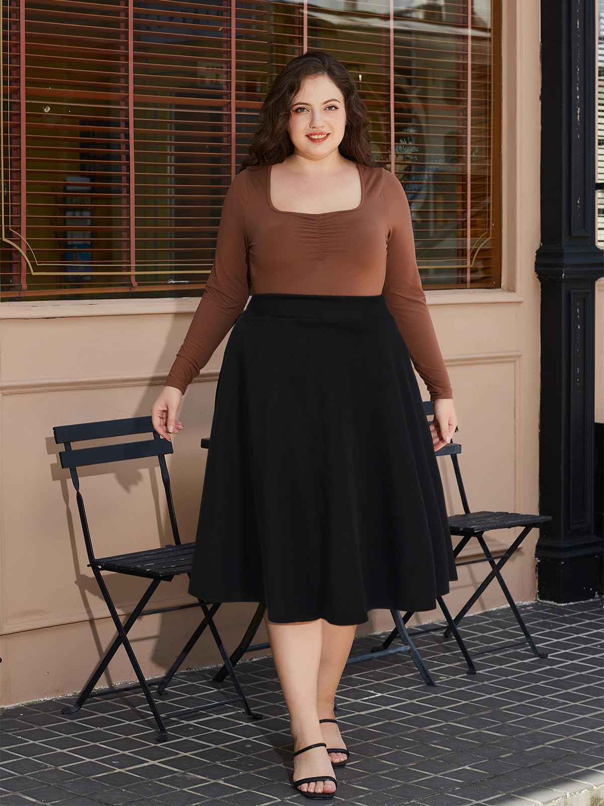 Plus Size Midi Skirt High Elastic Waist - Black