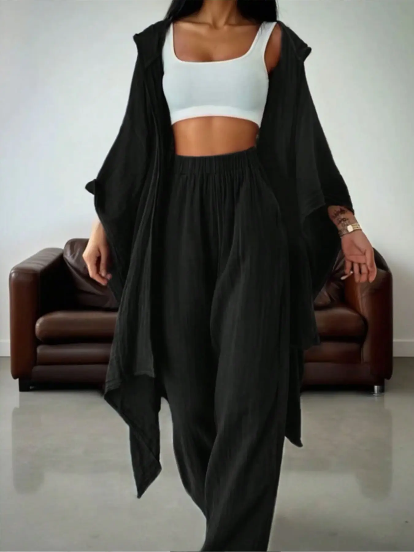 Women's Two-Piece Casual Set, Wide-Leg Pants & Loose-Fit Cardigan, Comfortable Stylish Women's Clothing for Daily Wear, Womenswear-XC