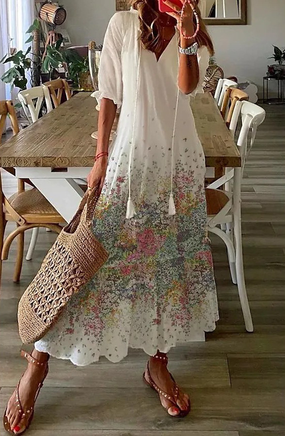 Sweet and loose V-neck printed mid-sleeve long dress