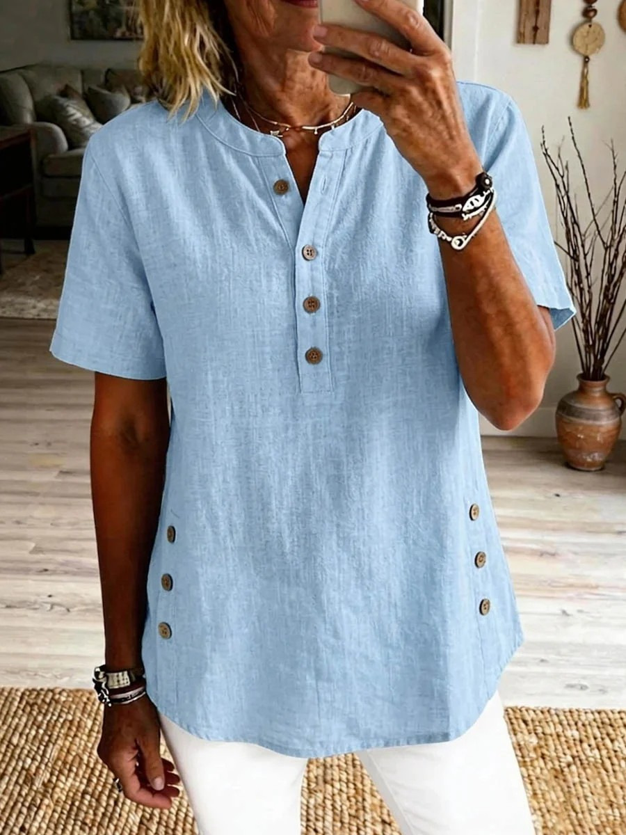 Station Cotton And Linen Casual Button Short-Sleeved T-Shirt Tops For Women