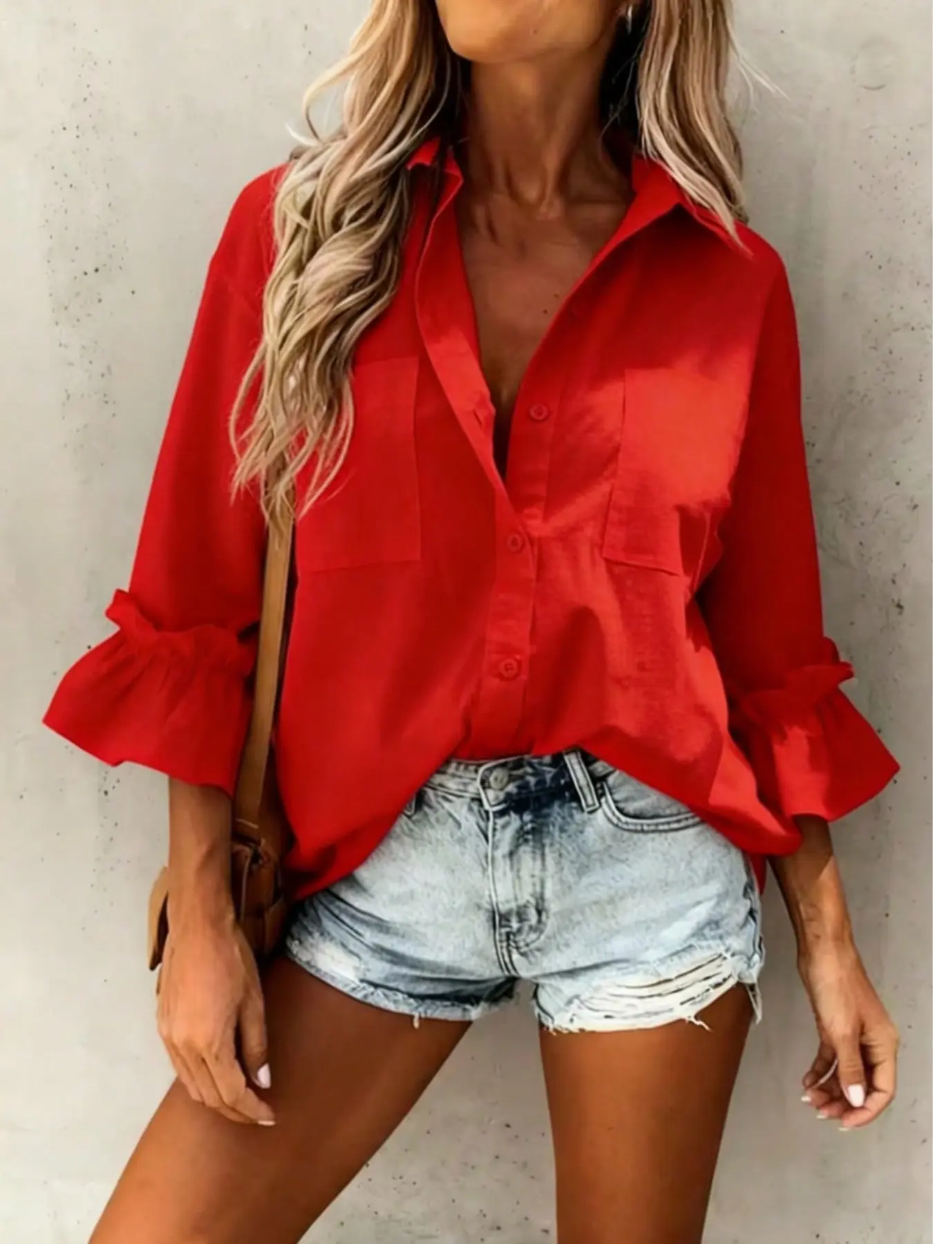 Women's Fashion Casual Three-Quarter Sleeve Fitted Blouse Shirts Top with Ruffle Cuffs, Stylish and Simple Design, Perfect for Daily Wear