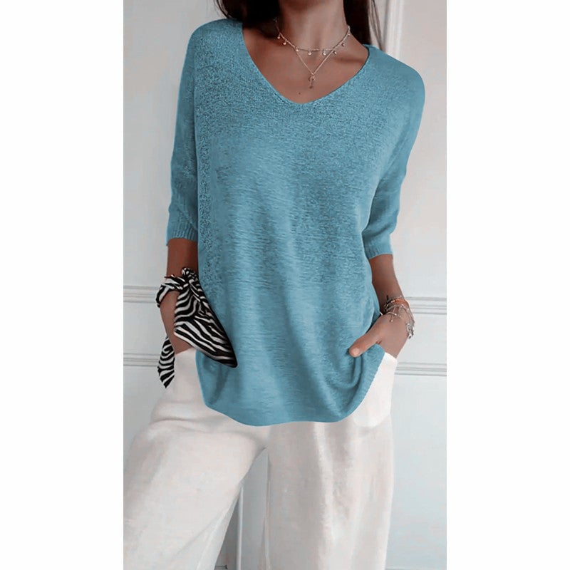 🔥Hot Sale 49% OFF👍🏻💖Solid Color Knitted V-neck Top💖(Buy 2 Free Shipping)