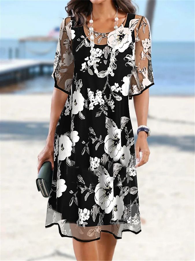 🌷🌷50% OFF NOW! ✨ Women's Floral A-Line Party Dress – Double-Layer Chiffon, Elegant Print & Knee-Length Fit 👗