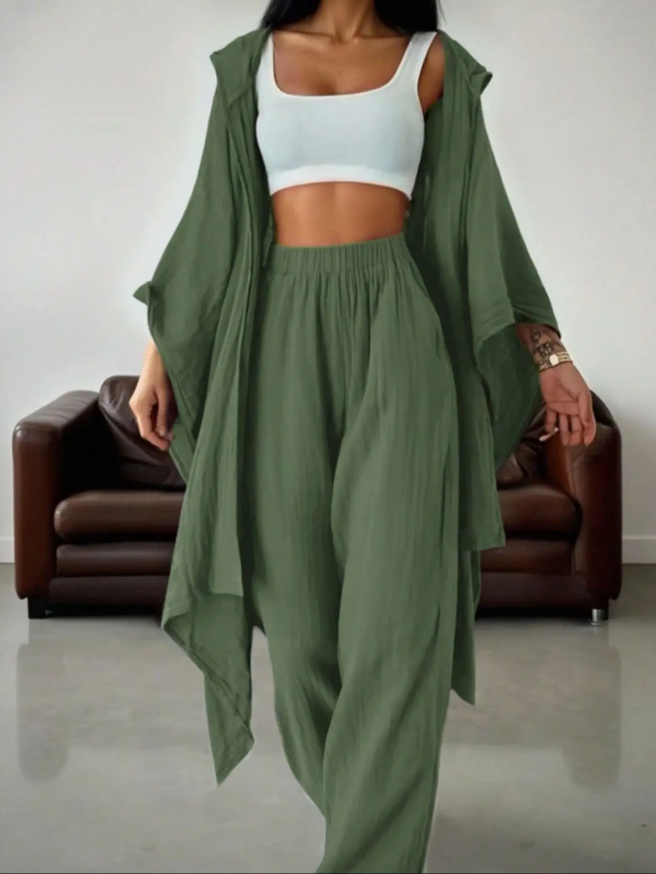 Women's Two-Piece Casual Set, Wide-Leg Pants & Loose-Fit Cardigan, Comfortable Stylish Women's Clothing for Daily Wear, Womenswear-XC