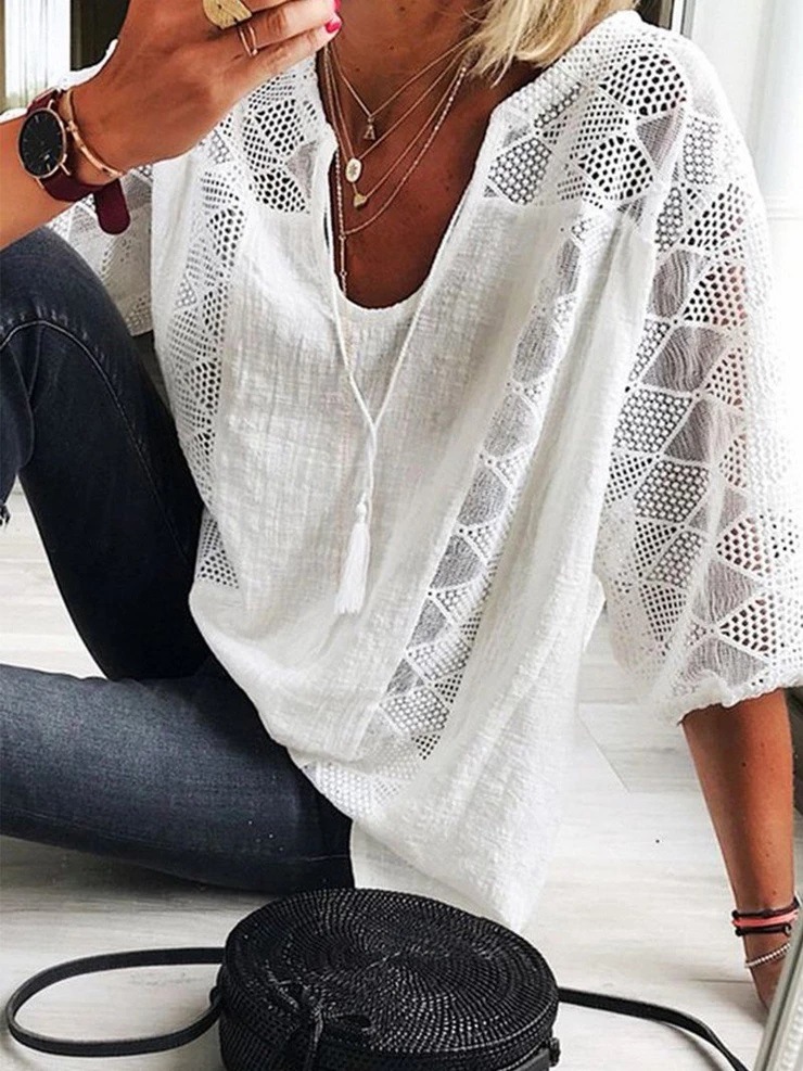 Loose-fit Lace Paneled U-neck Three-quarter Sleeve Top-XC