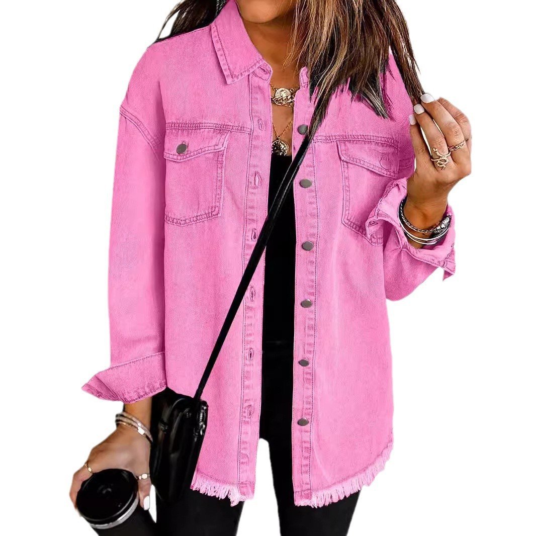 Women's Casual Denim Button Down Distressed Jacket-XC