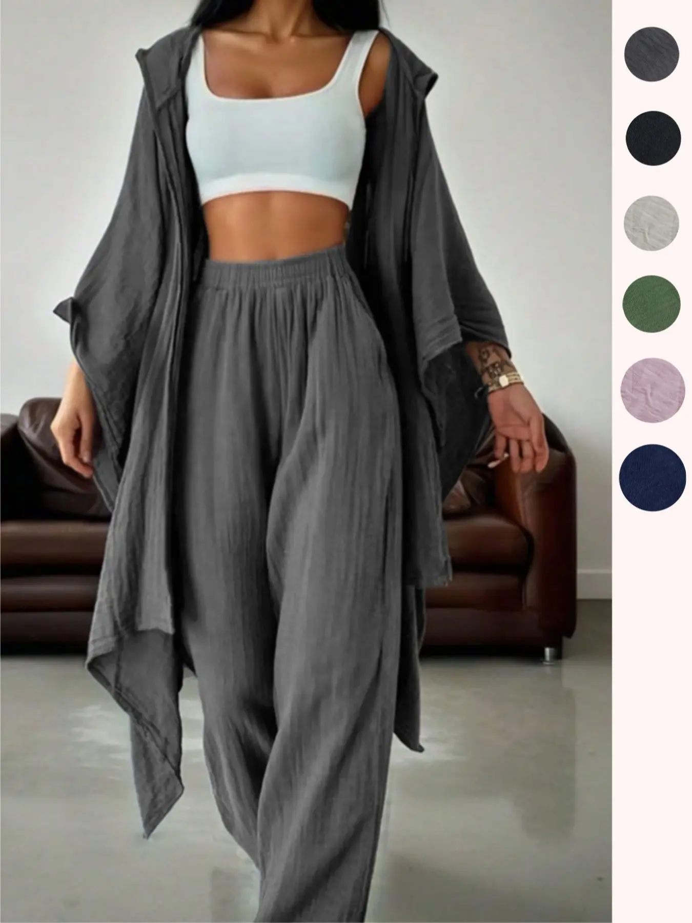 Women's Two-Piece Casual Set, Wide-Leg Pants & Loose-Fit Cardigan, Comfortable Stylish Women's Clothing for Daily Wear, Womenswear-XC