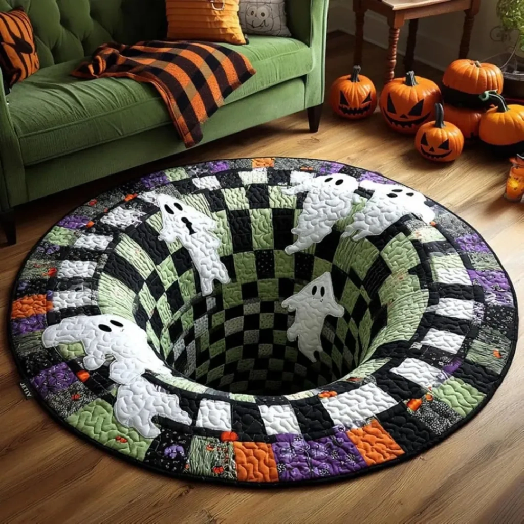 3D Skeleton Vortex Quilted Round Halloween Rug