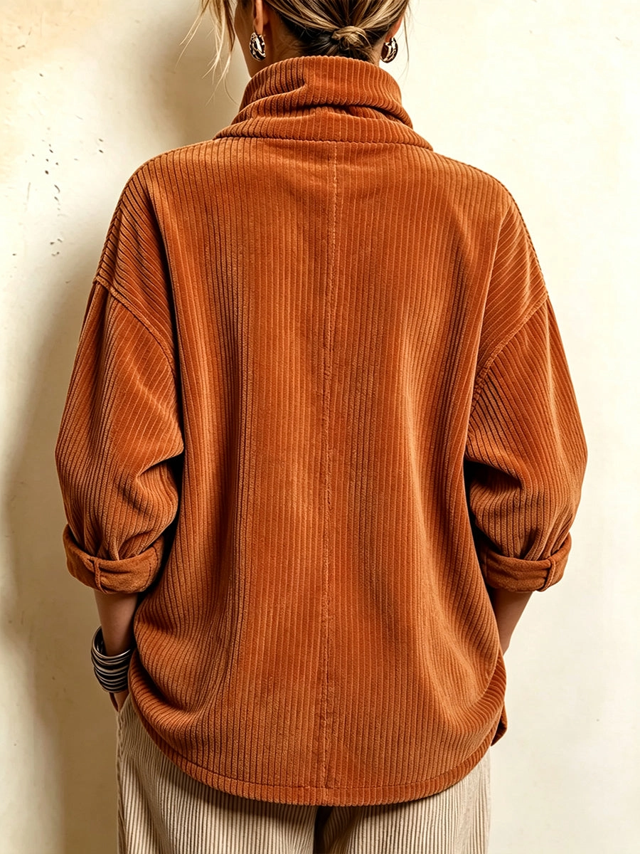 Comfortable asymmetrical buttoned decorative corduroy blouse